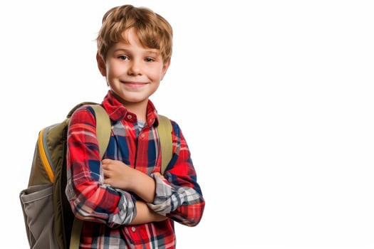 a boy with school backpack isolated on transparent white background. back to school concept photo