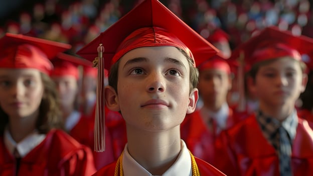students graduating university college school at their graduation ceremony. Queue of graduates. photo
