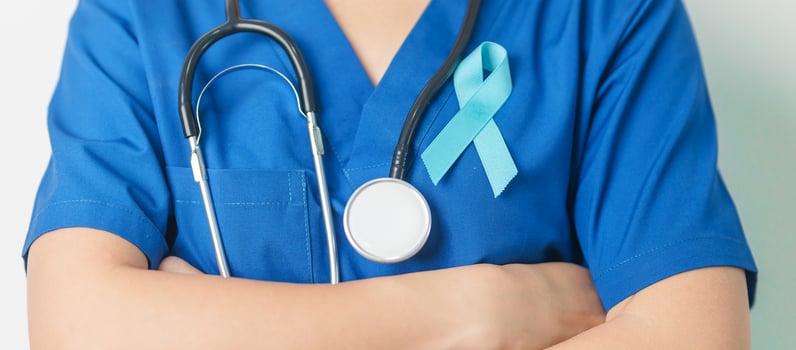 Blue November Prostate Cancer Awareness month, Doctor with Blue Ribbon in hospital for support people life and illness. Healthcare, International men, Father, Diabetes and World cancer day photo