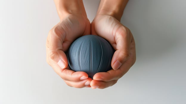 Close-up of hands holding a textured stress ball on white background photo