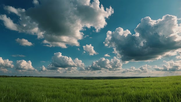 Beautiful natural scenic panorama green field of cut grass into and blue sky with clouds on horizon Perfect green lawn on summer sunny day. photo