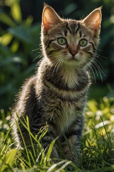 Beneath the dappled sunlight in a verdant garden, a young tabby kitten with mesmerizing eyes explores the lush grass,. photo