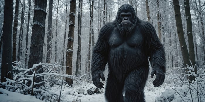 bigfoot walking in the winter forest Cold weather Filtered image processed vintage effect. photo