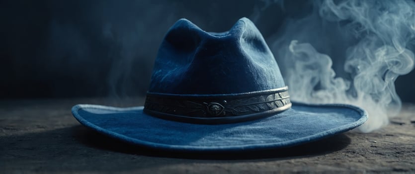 blue witch hat wizard hat smoke background. photo