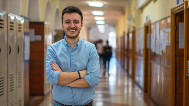 Confident Male Student Standing in University Hallway, Highlighting Diverse Representation and Education photo