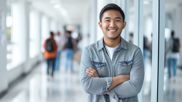 Smiling Filipino Male Student Standing in University Hall, Bright Academic Atmosphere, Educational Lifestyle Concept photo
