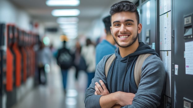 Middle Eastern Male Student in University Hallway, Educational Environment, Academic Life Concept, Ideal for Posters and Brochures photo