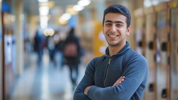 Middle Eastern Male University Student Smiling in Hallway, Academic Success and Diversity Concept for Education and Study Abroad photo
