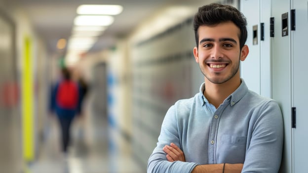 Southern European Male Student Smiling in School Hallway, Education Diversity Concept photo