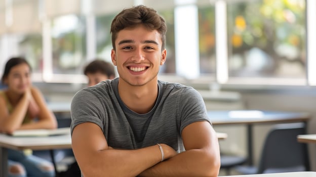 Happy Male University Student in Classroom, Education, Learning, Western European Youth Diversity, Higher Education Success photo