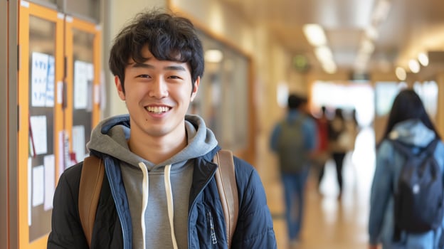 Cheerful Young Asian Male Student In University Hallway Wearing Backpack photo