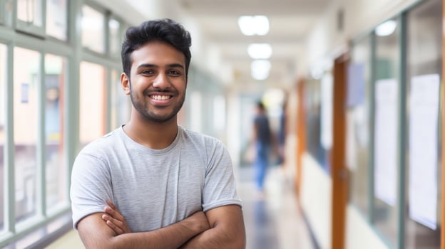 Indian Male University Student Smiling in a Bright Corridor, Embracing Education and Confidence photo