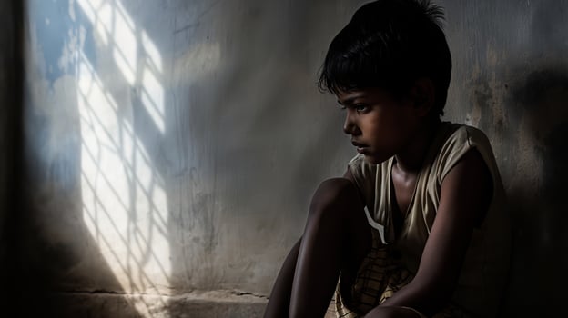 Pensive Bangladeshi Boy Sitting Alone in Shadowy Room, Reflecting on Life Emotional Illustration for Social Issues and Awareness Campaigns photo