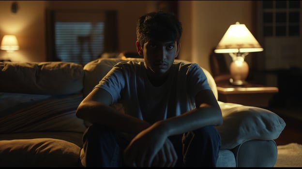 Pensive Young Man Sitting on Couch in Dimly Lit Living Room, Reflective Mood, Nighttime Ambiance photo
