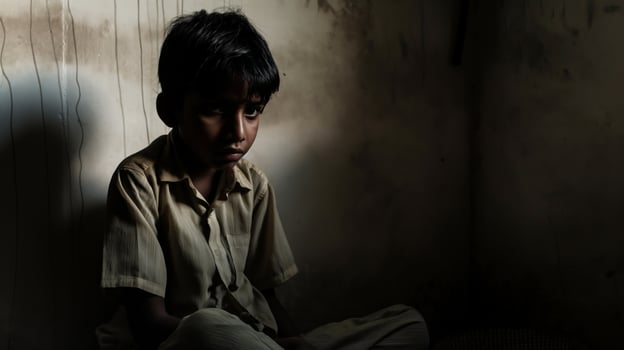 Portrait of Sad Indian Boy Sitting Alone, Highlighting Childhood Solitude, Cultural Diversity, and Emotional Depth photo