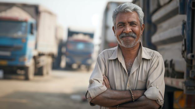 Elderly Indian Man with a Kind Smile Standing Among Trucks in Industrial Area photo