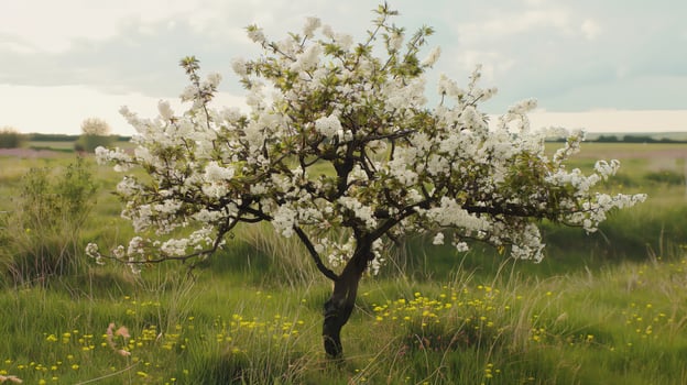 Blackthorn Tree in Full Bloom in a Meadow, Springtime Nature Scene for Poster or Wall Art photo