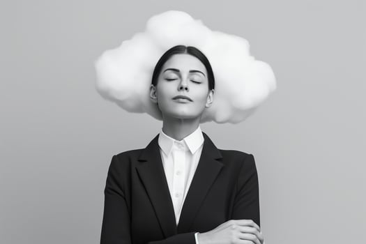 A businesswoman dreaming on a cloud bed isolated on a grayscale gradient background photo