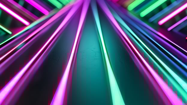 Close up of neon lines forming geometric patterns on a dark background green and purple spotlights highlighting the edges photo
