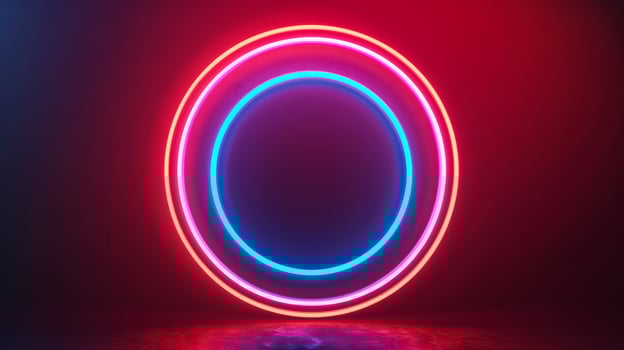 Isolated neon lines forming concentric circles on a dark gradient background red and cyan spotlights illuminating the rings photo