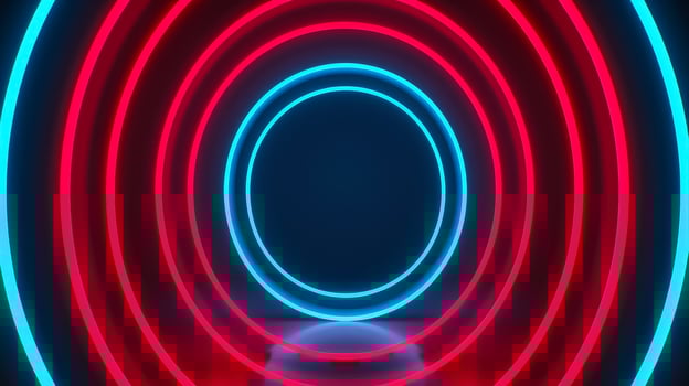 Isolated neon lines forming concentric circles on a dark gradient background red and cyan spotlights illuminating the rings photo