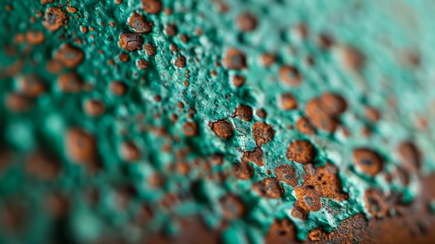 Macro shot of aged copper with green patina and rusty patches showcasing times effect on metal photo