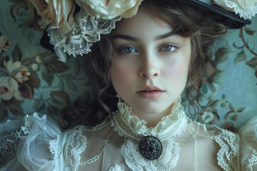 Young model wearing vintage hat and dress looking serious photo