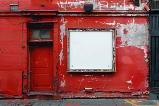 Old red wall with blank sign and door showing urban decay photo