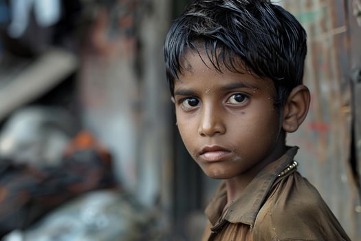Young boy posing with a serious expression in a slum photo