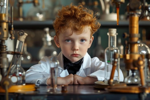 Young chemist sitting at table with glassware and retro equipment photo
