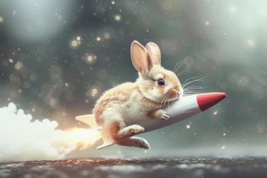 Cute brown bunny rabbit flying on a rocket through the air photo