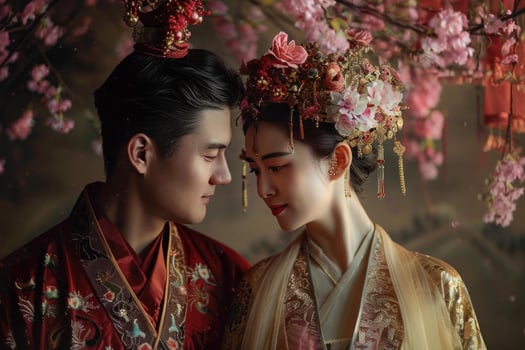 Young couple wearing traditional chinese wedding attire posing under cherry blossoms photo