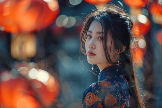 Beautiful asian woman posing in traditional chinese clothing outdoors photo
