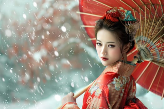 Beautiful geisha holding traditional umbrella posing under snowfall photo