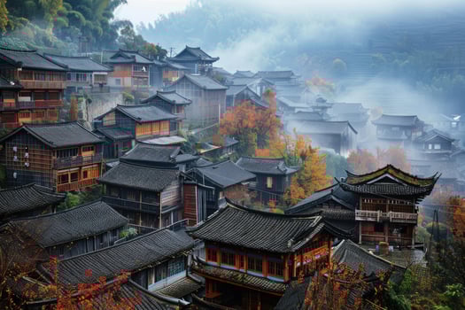 Traditional wooden houses standing on hillside in foggy mountains photo