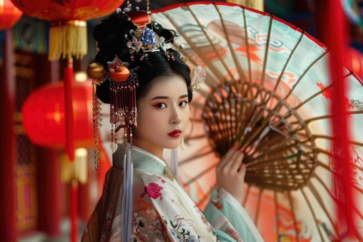 Beautiful chinese woman posing with traditional umbrella and red lanterns photo