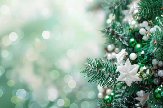 Christmas tree branch decorated with green and white ornaments on blurry green background photo