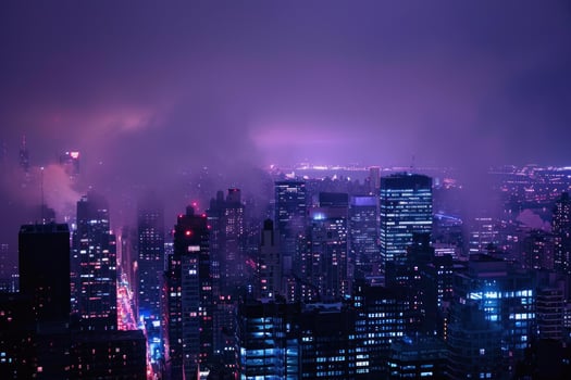 Fog is covering the skyline of new york city by night photo