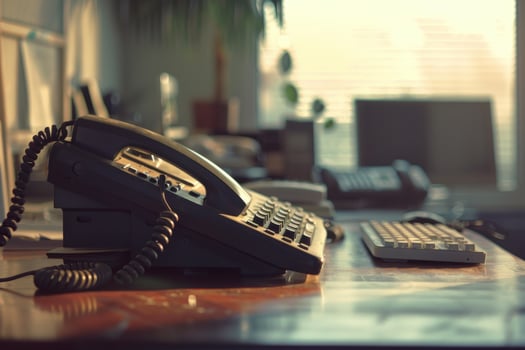 Black landline phone sitting on desk in empty office at sunset photo