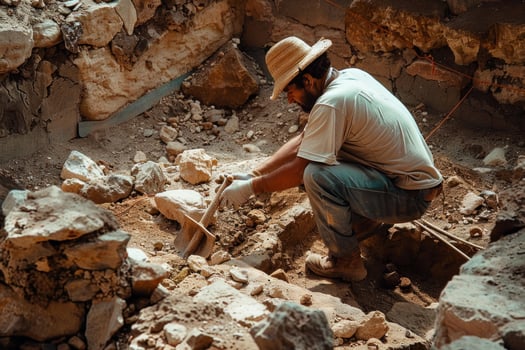 Determined archaeologist carefully unearths historical artifacts at an excavation site photo