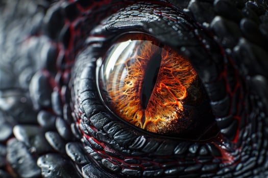 Dragon eye with a fiery iris is gazing intensely photo