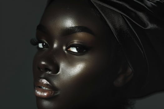 Beautiful black woman posing with head wrap and glossy makeup photo