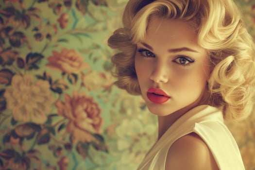 Beautiful blond woman with retro hairstyle and red lipstick posing photo