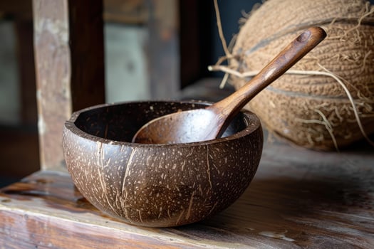 Coconut shell bowl and spoon resting on rustic wooden surface photo