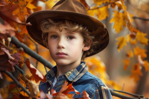 Young boy wearing hat standing in forest during autumn photo