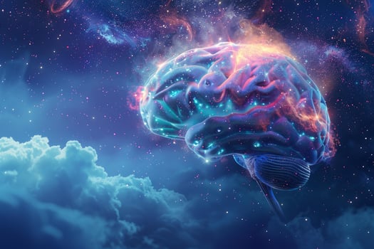 Human brain floating in space with clouds and bright stars shining photo