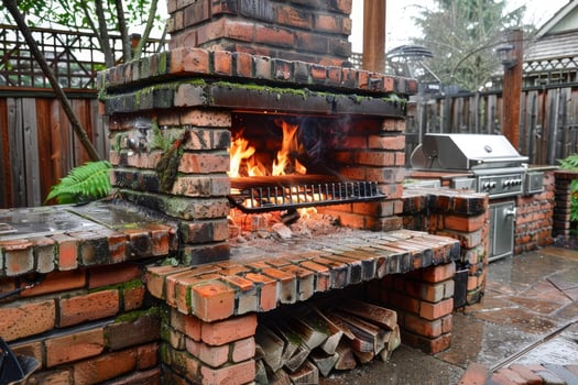 Outdoor brick barbecue burning on a rainy day photo