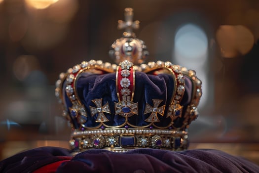 Beautiful gold crown with jewels and blue velvet resting on velvet photo