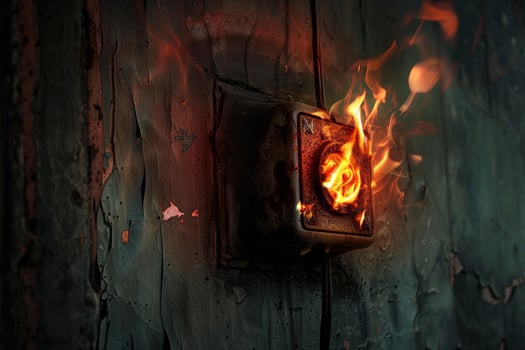 Old electrical outlet catching fire on wooden wall photo