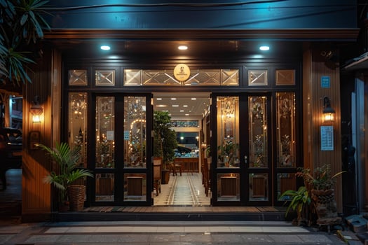 Luxurious restaurant with open doors inviting customers inside at night photo